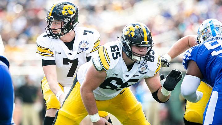 Iowa quarterback Spencer Petras (7) takes a snap from center Tyler Linderbaum (65) during a NCAA college football game in the Vrbo Citrus Bowl against Kentucky, Saturday, Jan. 1, 2022, at Camping World Stadium in Orlando, Fla.

220101 Iowa Kentucky Citrus Fb Extra 043 Jpg