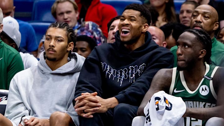 Apr 6, 2025; New Orleans, Louisiana, USA; Milwaukee Bucks forward Giannis Antetokounmpo (34) looks on from the bench against the New Orleans Pelicans during the second half at Smoothie King Center. Mandatory Credit: Stephen Lew-Imagn Images