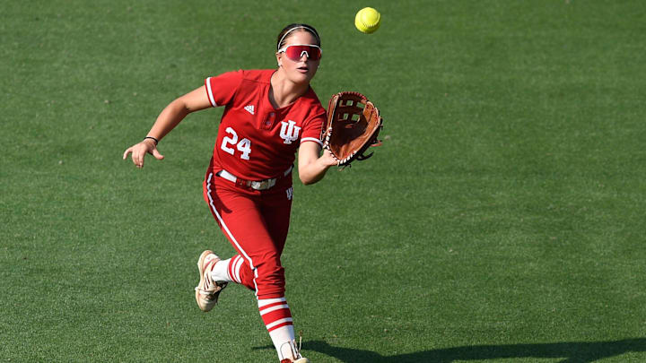 Indiana's Kinsey Mitchell (24) with the catch in the outfield during the NCAA Softball Knoxville Regional final against Tennessee on Sunday, May 21, 2023.
