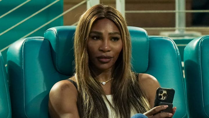 Serena Williams watches the men's singles fourth round match on March 25, 2025.