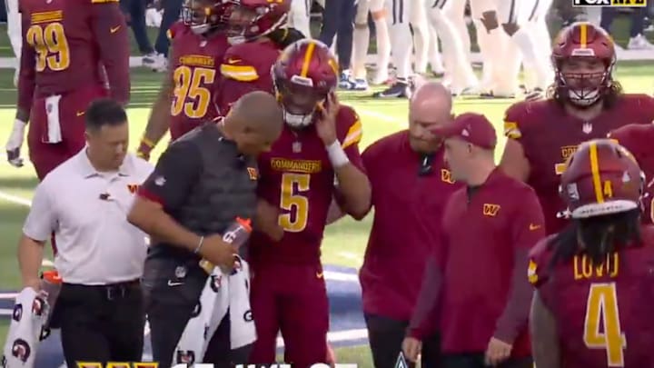 Jayden Daniels left the Commanders-Cowboys game with an injury on Sunday. 