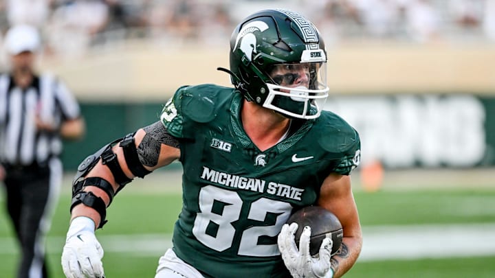 Michigan State's Brennan Parachek runs after a catch against Prairie View A&M during the fourth quarter on Saturday, Sept. 14, 2024, at Spartan Stadium in East Lansing.