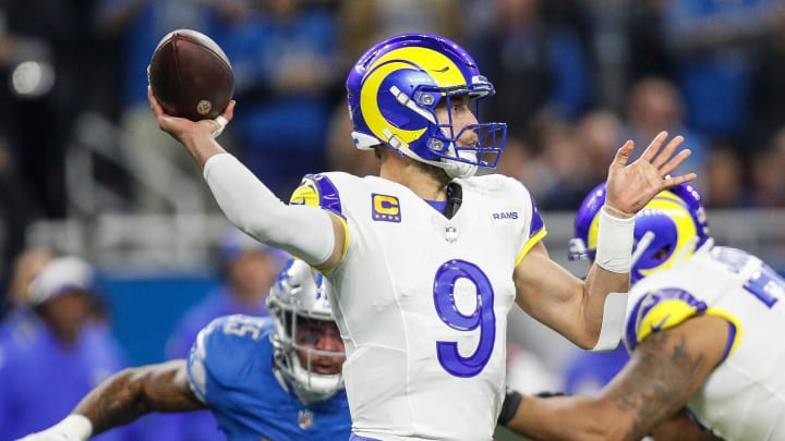 L.A. Rams quarterback Matthew Stafford passes against the Detroit Lions during the first half of the NFC wild-card game at Ford Field in Detroit on Sunday, Jan, 14, 2024.