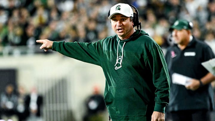 Michigan State's head coach Jonathan Smith calls out to a referee in the second quarter in the game against Iowa on Saturday, Oct. 19, 2024, at Spartan Stadium in East Lansing.