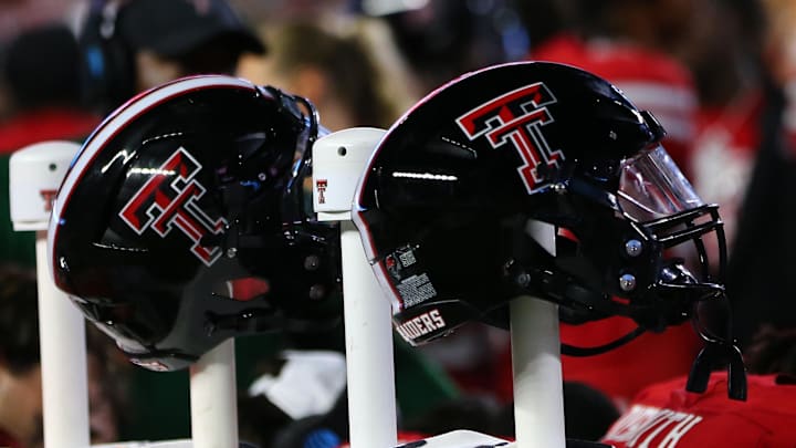 Aug 31, 2024; Lubbock, Texas, USA;  A general view of Texas Tech Red Raiders helmets on the bench in the second half during the game against the Abilene Christian Wildcats at Jones AT&T Stadium and Cody Campbell Field. Mandatory Credit: Michael C. Johnson-Imagn Images