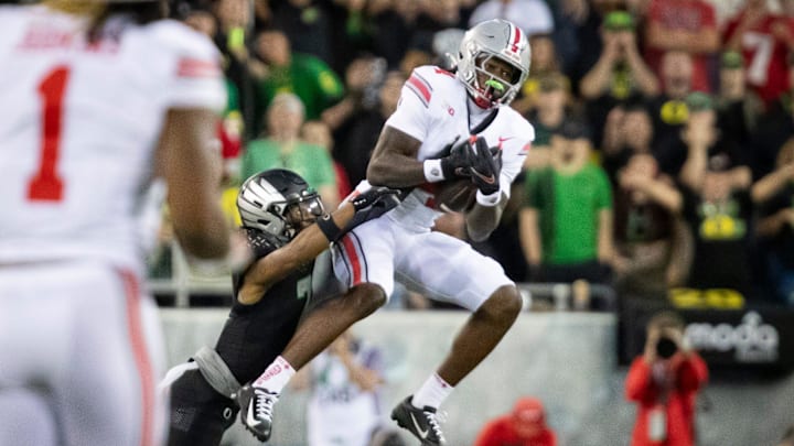 Ohio State Buckeyes wide receiver Jeremiah Smith hauls in a catch as the No. 3 Oregon Ducks host the No. 2 Ohio State Buckeyes Saturday, Oct. 12, 2024 at Autzen Stadium in Eugene, Ore.