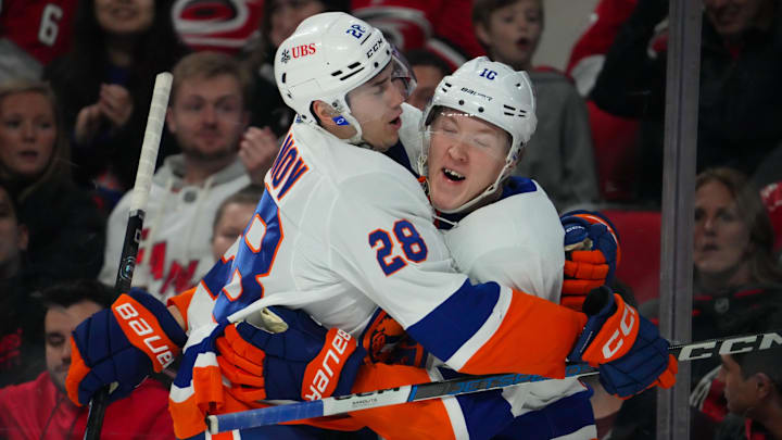Nov 30, 2023; Raleigh, North Carolina, USA; New York Islanders right wing Simon Holmstrom (10) is