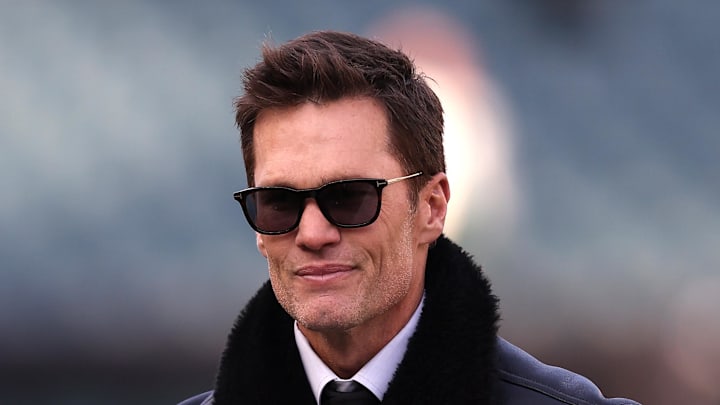 Jan 12, 2025; Philadelphia, Pennsylvania, USA; Announcer Tom Brady looks on before an NFC wild card game between the Philadelphia Eagles and the Green Bay Packers at Lincoln Financial Field. Mandatory Credit: Bill Streicher-Imagn Images