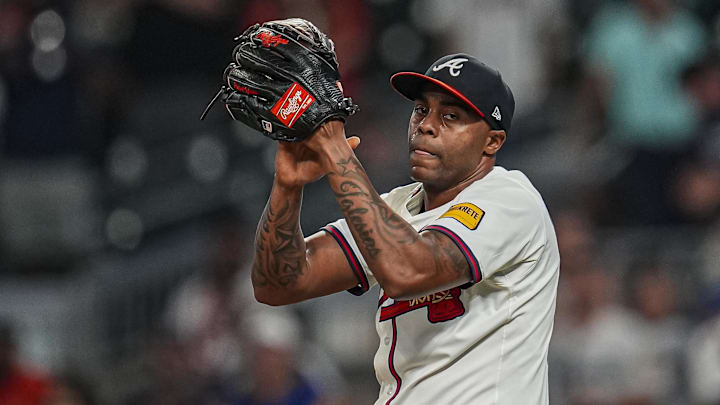 Sep 23, 2025; Cumberland, Georgia, USA; Atlanta Braves relief pitcher Raisel Iglesias (26) reacts after the Braves defeated the Washington Nationals at Truist Park. Mandatory Credit: Dale Zanine-Imagn Images Sep 23, 2025; Cumberland, Georgia, USA; Atlanta Braves relief pitcher Raisel Iglesias (26) reacts after the Braves defeated the Washington Nationals at Truist Park. Mandatory Credit: Dale Zanine-Imagn Images