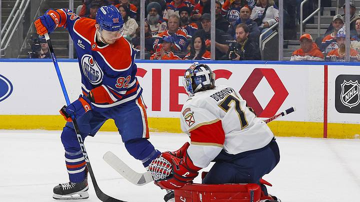 Mar 19, 2026; Edmonton, Alberta, CAN; Edmonton Oilers forward Vasily Podkolzin (92) shoots the puck against Florida Panthers goaltender Sergei Bobrovsky (72) during the first period at Rogers Place. Mandatory Credit: Perry Nelson-Imagn Images