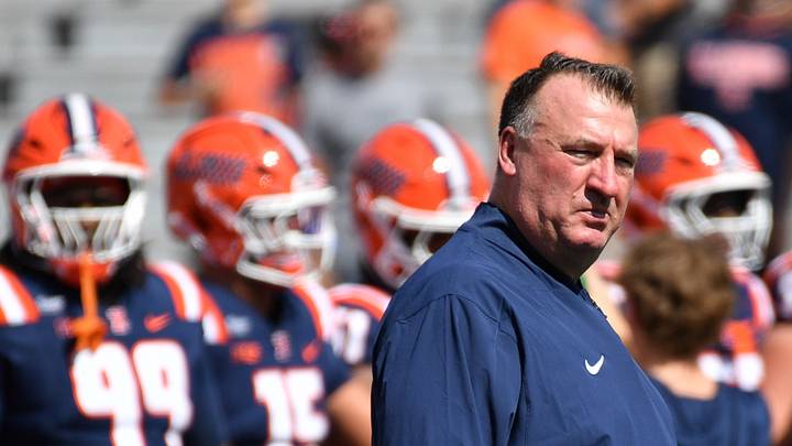 Sep 12, 2026; Champaign, Illinois, USA;  Illinois Fighting Illini head coach Bret Bielema during the first half at against the Duke Blue Devils at Gies Memorial Stadium.  Mandatory Credit: Ron Johnson-Imagn Images