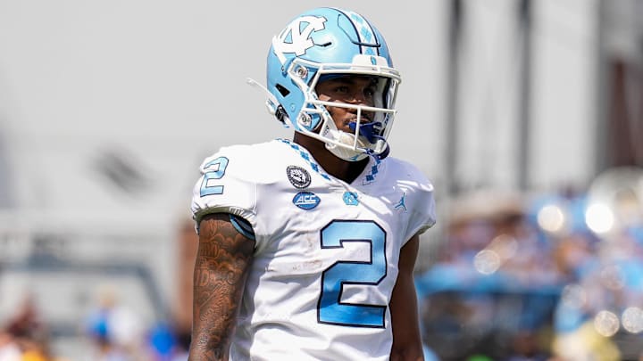 Sep 3, 2022; Boone, North Carolina, USA; North Carolina Tar Heels wide receiver Gavin Blackwell (2) during game action between the Appalachian State Mountaineers and the North Carolina Tar Heels at Kidd Brewer Stadium. Mandatory Credit: Jim Dedmon-Imagn Images