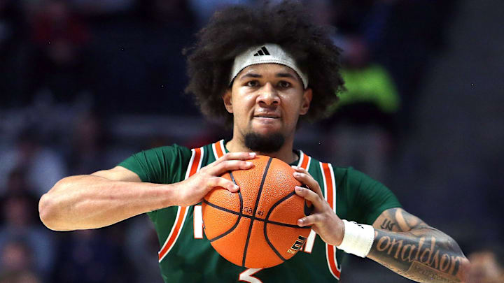 Dec 2, 2025; Oxford, Mississippi, USA; Miami Hurricanes guard Tre Donaldson (3) reacts during the first half against the Mississippi Rebels at The Sandy and John Black Pavilion at Ole Miss. Mandatory Credit: Petre Thomas-Imagn Images