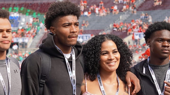 Sept. 21, 2024; Columbus, Ohio, USA; James Monroe High School (New York) wide receiver Messiah Hampton watches warm-ups before Ohio State's game against the Marshall University Thundering Herd at Ohio Stadium.