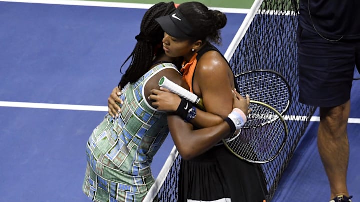Coco Gauff and Naomi Osaka hug after their match. 