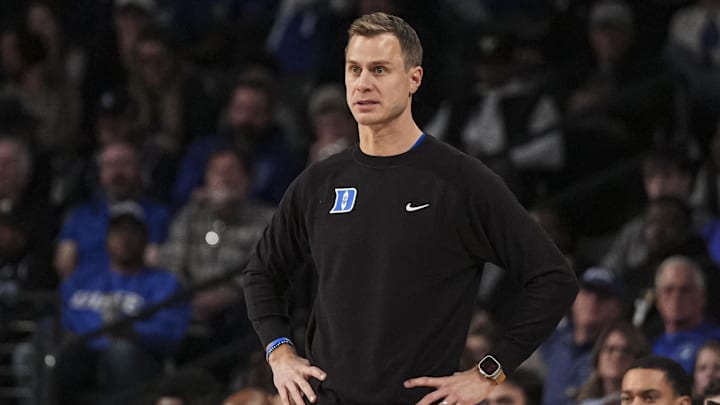 Dec 21, 2024; Atlanta, Georgia, USA; Duke Blue Devils head coach Jon Scheyer on the court against the Georgia Tech Yellow Jackets during the first half at McCamish Pavilion. Mandatory Credit: Dale Zanine-Imagn Images Dec 21, 2024; Atlanta, Georgia, USA; Duke Blue Devils head coach Jon Scheyer on the court against the Georgia Tech Yellow Jackets during the first half at McCamish Pavilion. Mandatory Credit: Dale Zanine-Imagn Images