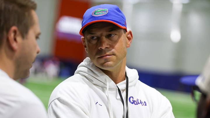 Florida head coach Jon Sumrall talks on the sideline during spring practice at Sanders Practice Fields in Gainesville, FL on Tuesday, April 7, 2026. [Alan Youngblood/Gainesville Sun]