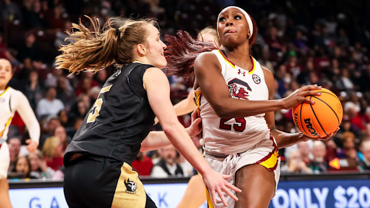 Dec 29, 2024; Columbia, South Carolina, USA; South Carolina Gamecocks guard Raven Johnson (25) attempts to drive around Wofford Terriers guard Helen Matthews (5)  in the second half at Colonial Life Arena. Mandatory Credit: Jeff Blake-Imagn Images