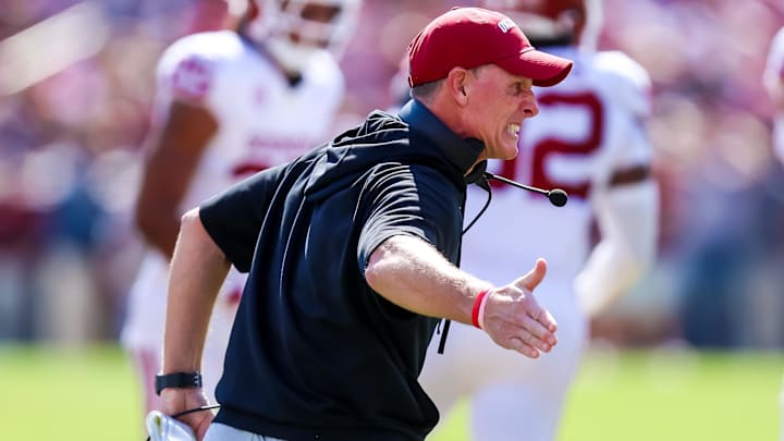 Oklahoma Sooners head coach Brent Venables celebrates a play against South Carolina in the first quarter at Williams-Brice Stadium in Columbia, South Carolina, on Saturday. Oklahoma Sooners head coach Brent Venables celebrates a play against South Carolina in the first quarter at Williams-Brice Stadium in Columbia, South Carolina, on Saturday.