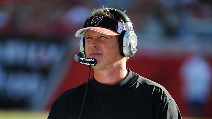 Dec 28, 2008; Tampa, FL, USA; Tampa Bay Buccaneers coach Jon Gruden watches from the sidelines in the second half against the Oakland Raiders at Raymond James Stadium. The Raiders defeated the Buccaneers 31-24. Mandatory Credit: Kirby Lee/Image of Sport-Imagn Images