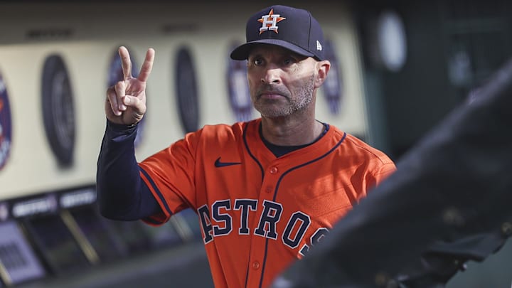 May 3, 2024; Houston, Texas, USA; Houston Astros manager Joe Espada (19) in the dugout before the game against the Seattle Mariners at Minute Maid Park. Mandatory Credit: Troy Taormina-USA TODAY Sports