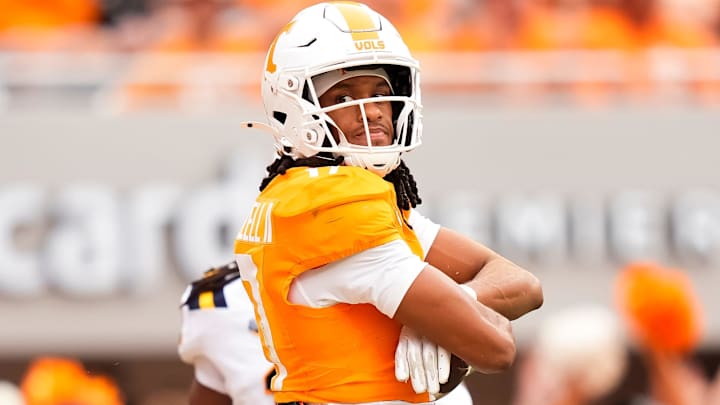 Tennessee wide receiver Chris Brazzell II (17) poses after a catch during Tennessee's home opener against ETSU at Neyland Stadium in Knoxville, Tenn., on Sept. 6, 2025.