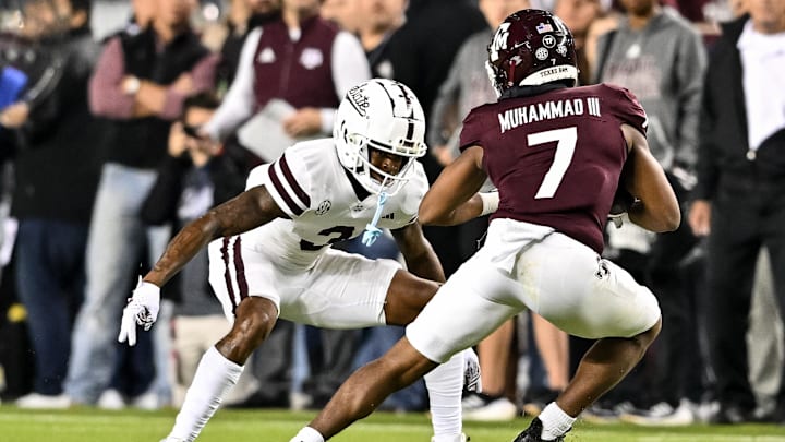 Mississippi State Bulldogs cornerback Decamerion Richardson (3) in action against Texas A&M Aggies wide receiver Moose Muhammad III (7) during the first half at Kyle Field. 
