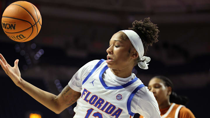 Florida guard Laila Reynolds (13) rebounds against Texas during the second half of an NCAA women’s basketball game at Steven C. O'Connell Center Exactek arena in Gainesville, FL on Thursday, January 29, 2026. Texas beat Florida 88-68. [Alan Youngblood/Gainesville Sun]