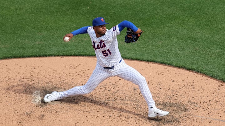 Mar 26, 2026; New York City, New York, USA; New York Mets starting pitcher Freddy Peralta (51) pitches against the Pittsburgh Pirates during the fifth inning at Citi Field. Mandatory Credit: Brad Penner-Imagn Images Mar 26, 2026; New York City, New York, USA; New York Mets starting pitcher Freddy Peralta (51) pitches against the Pittsburgh Pirates during the fifth inning at Citi Field. Mandatory Credit: Brad Penner-Imagn Images