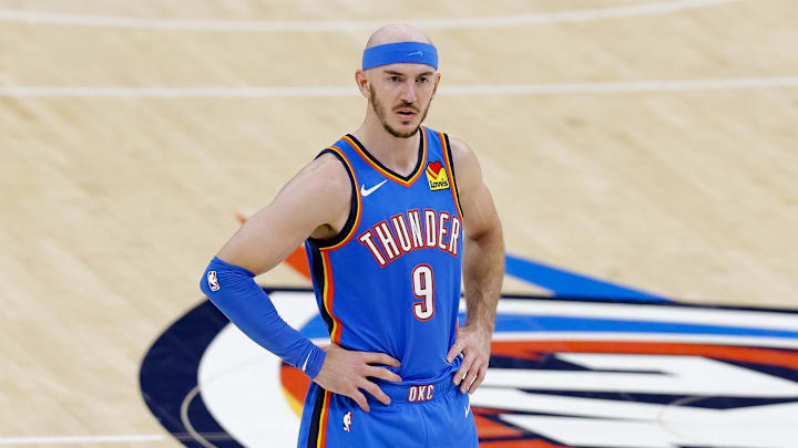 Jun 8, 2025; Oklahoma City, Oklahoma, USA; Oklahoma City Thunder guard Alex Caruso (9) looks on during the third quarter against the Indiana Pacers in game two of the 2025 NBA Finals at Paycom Center. Mandatory Credit: Alonzo Adams-Imagn Images