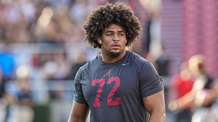 Sep 27, 2025; Athens, Georgia, USA; Alabama Crimson Tide offensive lineman Parker Brailsford (72) on the field before the game against the Georgia Bulldogs at Sanford Stadium. Mandatory Credit: Dale Zanine-Imagn Images