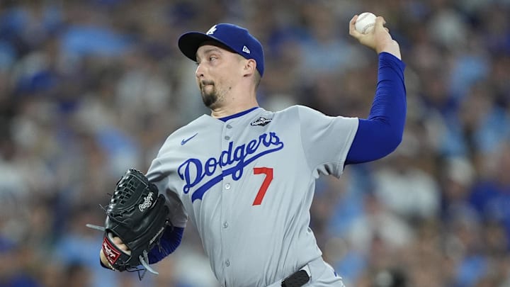 Los Angeles Dodgers pitcher Blake Snell (7) pitches against the Toronto Blue Jays in the eighth inning during game seven of the 2025 MLB World Series at Rogers Centre. 