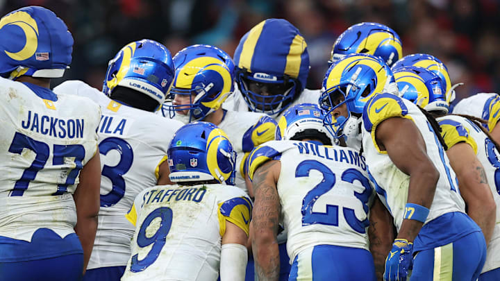 Oct 19, 2025; London, United Kingdom; Los Angeles Rams quarterback Matthew Stafford (9) huddles with teammates before a play against the Jacksonville Jaguars during the second half during a NFL International Series game at Wembley Stadium. Mandatory Credit: Andrew Boyers-Reuters via Imagn Images