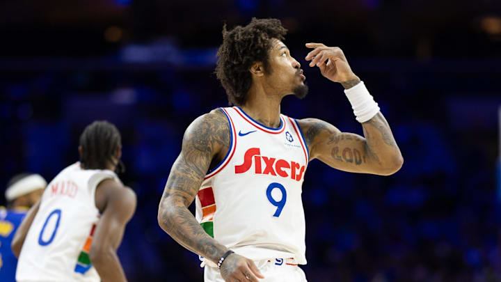 Mar 1, 2025; Philadelphia, Pennsylvania, USA; Philadelphia 76ers guard Kelly Oubre Jr. (9) reacts after his three pointer against the Golden State Warriors during the second quarter at Wells Fargo Center. Mandatory Credit: Bill Streicher-Imagn Images Mar 1, 2025; Philadelphia, Pennsylvania, USA; Philadelphia 76ers guard Kelly Oubre Jr. (9) reacts after his three pointer against the Golden State Warriors during the second quarter at Wells Fargo Center. Mandatory Credit: Bill Streicher-Imagn Images