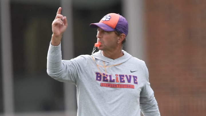Clemson head coach Dabo Swinney during Spring Practice in Clemson, S.C. Monday, March 24, 2025.
