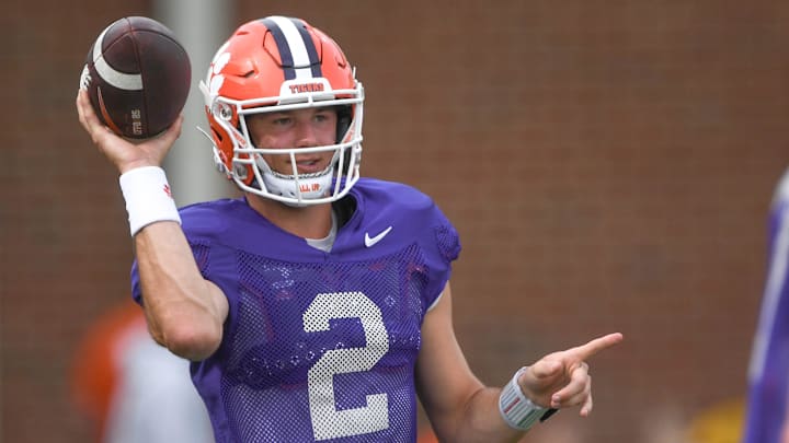 Clemson quarterback Cade Klubnik (2) passes during Spring Practice in Clemson, S.C. Monday, March 24, 2025.