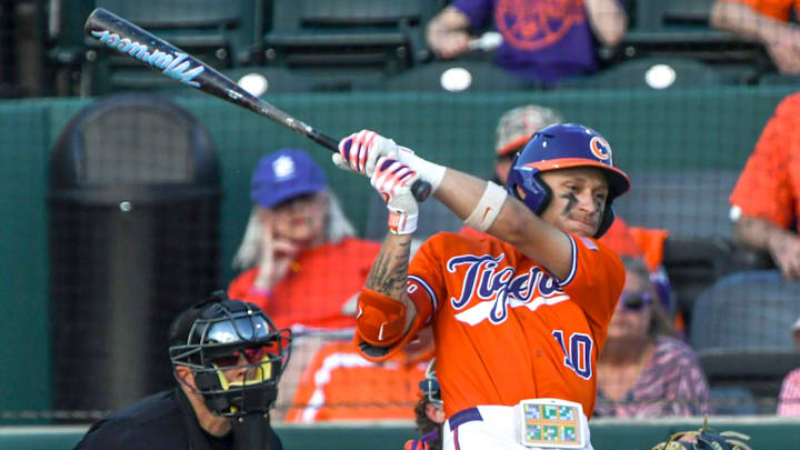 Clemson outfieler Cam Cannarella (10) bats against Notre Dame during the bottom of the fifth inning at Doug Kingsmore Stadum in Clemson, S.C. Friday, March 14, 2025.
