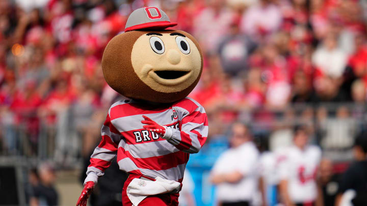 Sep 16, 2023; Columbus, Ohio, USA; Brutus Buckeye runs across the field during the NCAA football game between the Ohio State Buckeyes and the Western Kentucky Hilltoppers at Ohio Stadium. Ohio State won 63-10.