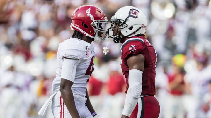 Sep 14, 2019; Columbia, SC, USA; Alabama Crimson Tide wide receiver Jerry Jeudy (4) and South Carolina Gamecocks defensive back Jaycee Horn (1) exchange words at Williams-Brice Stadium. Mandatory Credit: Jeff Blake-Imagn Images Sep 14, 2019; Columbia, SC, USA; Alabama Crimson Tide wide receiver Jerry Jeudy (4) and South Carolina Gamecocks defensive back Jaycee Horn (1) exchange words at Williams-Brice Stadium. Mandatory Credit: Jeff Blake-Imagn Images