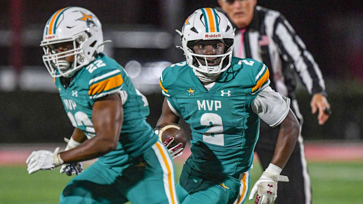 Mountain View Preparatory junior Jaylen McGill (2) runs against Woodruff High during the first quarter at Newberry College Bailey Memorial Stadium in Newberry, S.C. Friday, October 18, 2024.