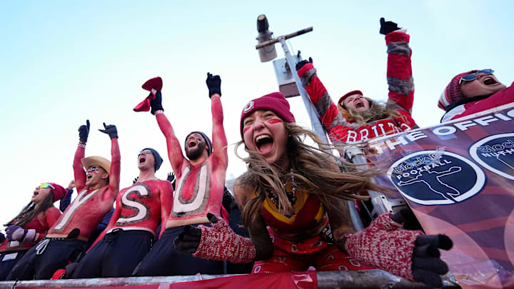 Ohio State students in the Block O section cheer prior to the NCAA football game against the Michigan Wolverines at Ohio Stadium in Columbus on Saturday, Nov. 30, 2024.