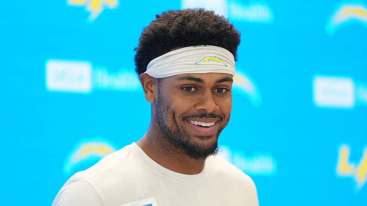 Jun 16, 2025; El Segundo, CA, USA; Los Angeles Chargers receiver Tre Harris at press conference during organized team activities at The Bolt. Mandatory Credit: Kirby Lee-Imagn Images Jun 16, 2025; El Segundo, CA, USA; Los Angeles Chargers receiver Tre Harris at press conference during organized team activities at The Bolt. Mandatory Credit: Kirby Lee-Imagn Images