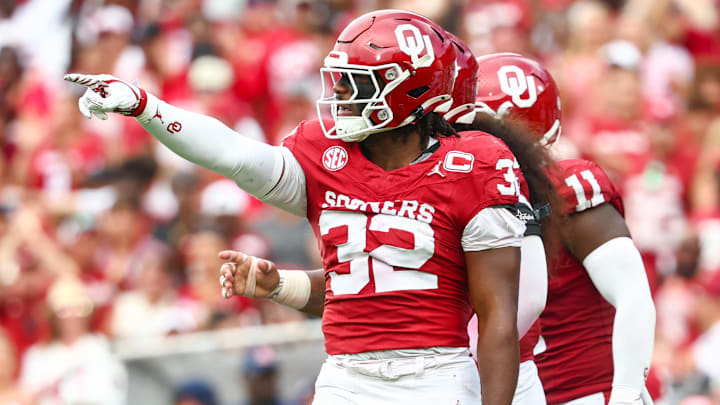 Sep 20, 2025; Norman, Oklahoma, USA;  Oklahoma Sooners defensive lineman R Mason Thomas (32) reacts after recording a sack during the third quarter against the Auburn Tigers at Gaylord Family-Oklahoma Memorial Stadium. Mandatory Credit: Kevin Jairaj-Imagn Images