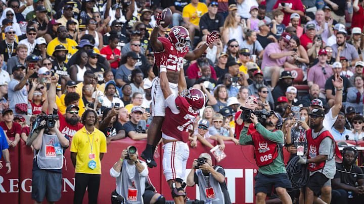 Oct 26, 2024; Tuscaloosa, Alabama, USA; Alabama Crimson Tide running back Jam Miller (26) celebrates with offensive lineman Parker Brailsford (72) after scoring a touchdown against the Missouri Tigers during the third quarter at Bryant-Denny Stadium. Mandatory Credit: Will McLelland-Imagn Images Oct 26, 2024; Tuscaloosa, Alabama, USA; Alabama Crimson Tide running back Jam Miller (26) celebrates with offensive lineman Parker Brailsford (72) after scoring a touchdown against the Missouri Tigers during the third quarter at Bryant-Denny Stadium. Mandatory Credit: Will McLelland-Imagn Images