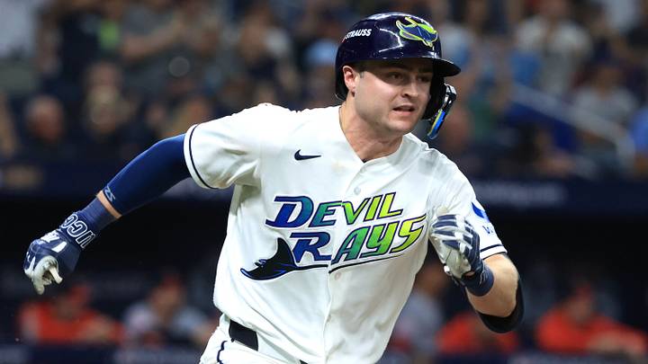 Oct 13, 2026; St. Petersburg, Florida, USA;  Tampa Bay Rays second baseman Ben Williamson (15) runs the bases after hitting the ball into play against the Cleveland Guardians during the fourth inning in game two of the ALCS for the 2026 MLB Playoffs at Tropicana Field. Williamson reached second base on an error.  Mandatory Credit: Kim Klement Neitzel-Imagn Images