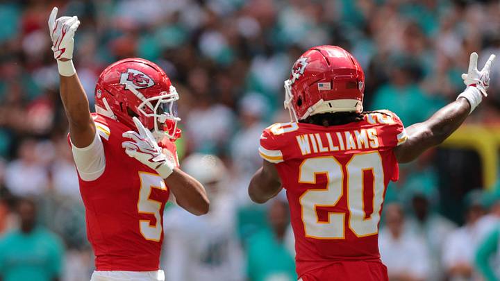 Sep 27, 2026; Miami Gardens, Florida, USA; Kansas City Chiefs cornerback Mansoor Delane (5) celebrates with defensive back Nohl Williams (20) after breaking up a pass against the Miami Dolphins at Hard Rock Stadium. Mandatory Credit: Sam Navarro-Imagn Images Sep 27, 2026; Miami Gardens, Florida, USA; Kansas City Chiefs cornerback Mansoor Delane (5) celebrates with defensive back Nohl Williams (20) after breaking up a pass against the Miami Dolphins at Hard Rock Stadium. Mandatory Credit: Sam Navarro-Imagn Images