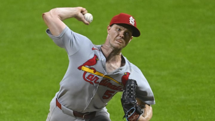 Jun 27, 2025; Cleveland, Ohio, USA; St. Louis Cardinals starting pitcher Sonny Gray (54) delivers a pitch in the ninth inning against the Cleveland Guardians at Progressive Field. Mandatory Credit: David Richard-Imagn Images