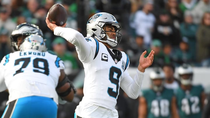 Dec 8, 2024; Philadelphia, Pennsylvania, USA; Carolina Panthers quarterback Bryce Young (9) throws a pass against the Philadelphia Eagles during the first quarter at Lincoln Financial Field. Mandatory Credit: Eric Hartline-Imagn Images