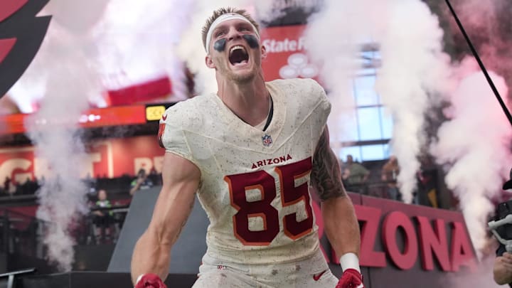 Arizona Cardinals tight end Trey McBride (85) is introduced before the game against the Seattle Seahawks at State Farm Stadium in Glendale on Sept. 25, 2025.