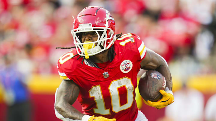 Sep 15, 2024; Kansas City, Missouri, USA; Kansas City Chiefs running back Isiah Pacheco (10) runs the ball during the first half against the Cincinnati Bengals at GEHA Field at Arrowhead Stadium. Mandatory Credit: Jay Biggerstaff-Imagn Images Sep 15, 2024; Kansas City, Missouri, USA; Kansas City Chiefs running back Isiah Pacheco (10) runs the ball during the first half against the Cincinnati Bengals at GEHA Field at Arrowhead Stadium. Mandatory Credit: Jay Biggerstaff-Imagn Images